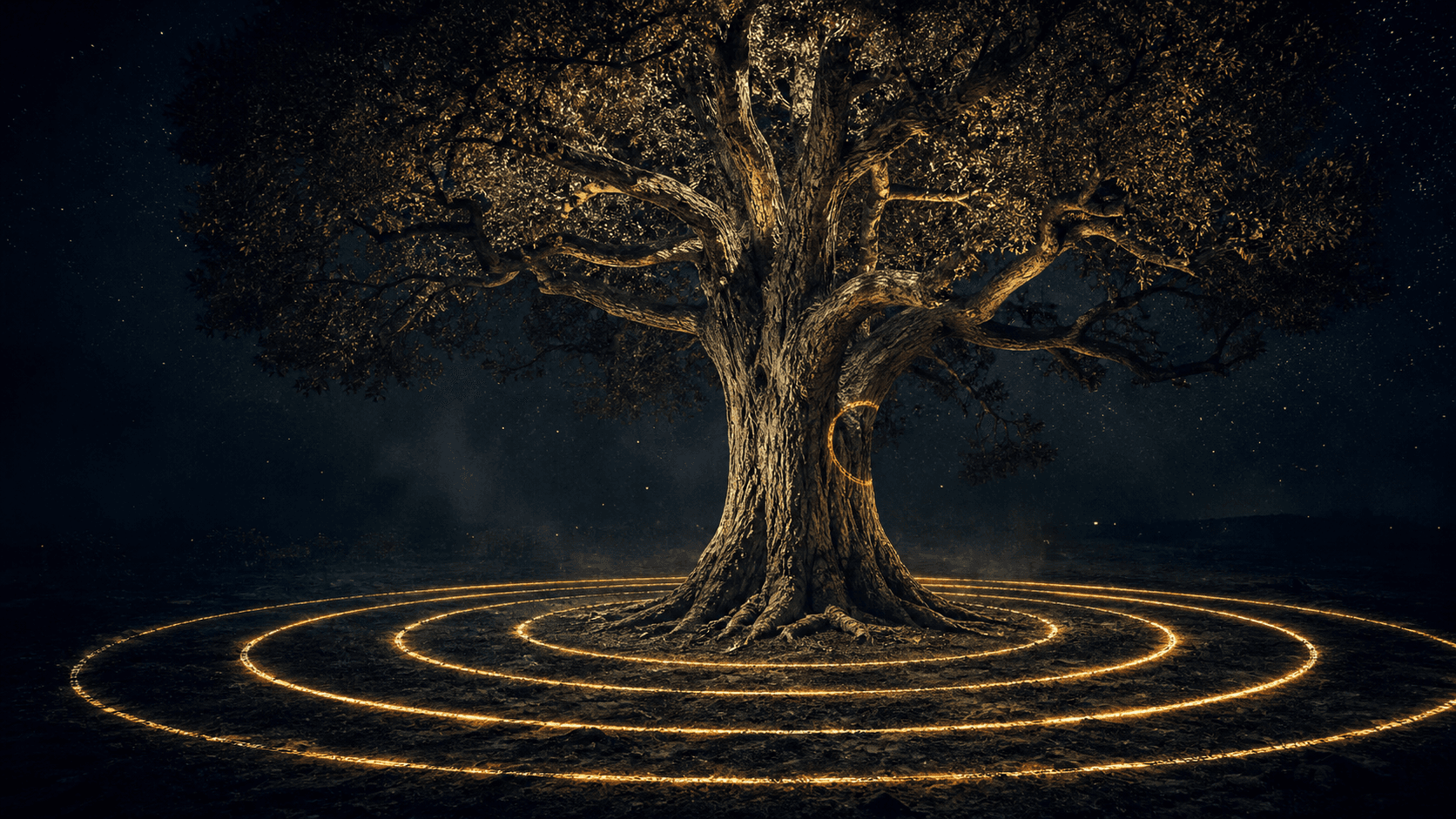 Árvore ancestral centrada com cinco anéis concêntricos de luz mustard radiando da base. Visualização das 5 fases do Método CLARIDADE radiando da fundação.